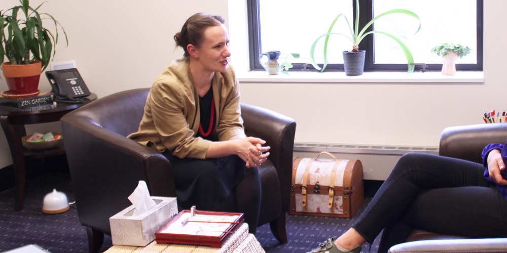 Claire Hipkens talks to a student-athlete