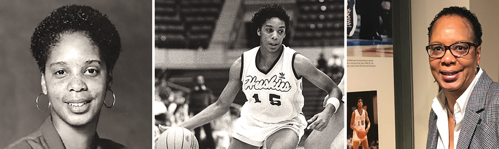 Yvette Cole playing basketball and in the Husky Hall of Fame