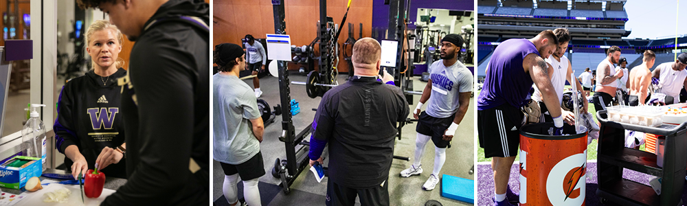 Left image: VandenBerghe demonstrates to a student-athlete how to cut a red pepper. Center image: Coach McKeefery points out data on bench press machine to Meesh Powell. Right image: Football players grab snacks and gatorade after practice on the field at Husky Stadium.