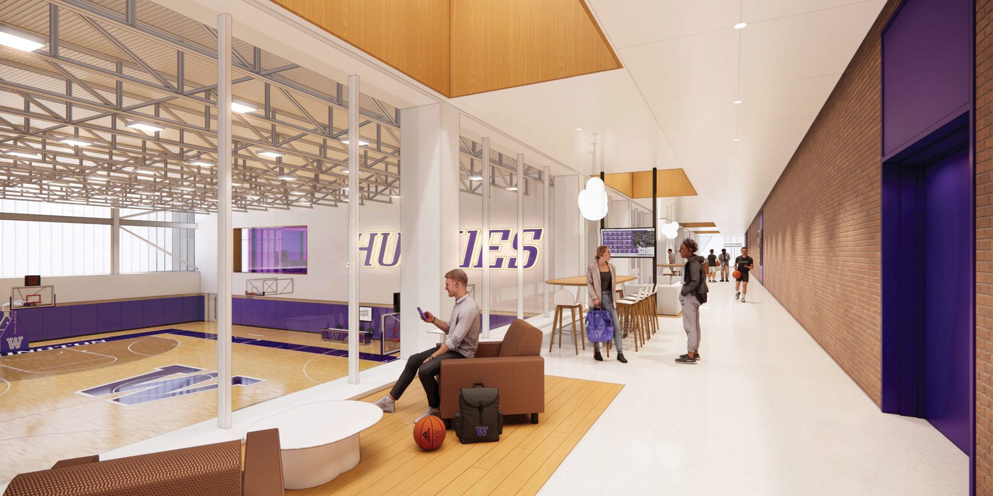 Home for Husky Basketball interior shot looking down onto new courts