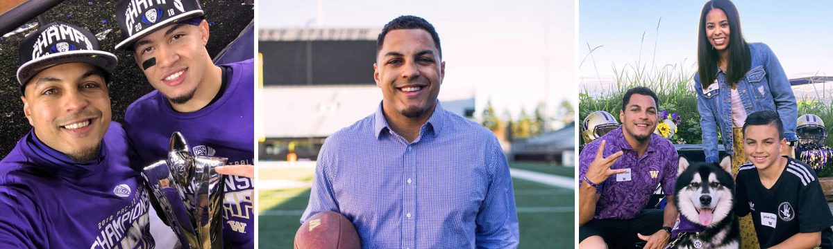 Left: Justin with a student-athlete; Center: Justin holding a football at Husky Stadium; Right: Justin with his family