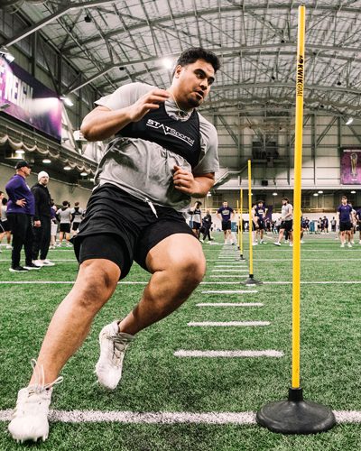 Ulumoo Ale, wearing StatSports vest, runs around agility pole in Dempsey practice facility
