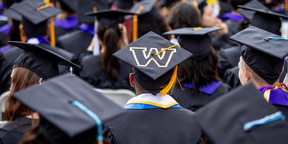 View from behind graduates in cap and gown