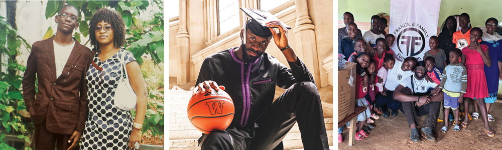 Photo collage: a teenage Franck with his mother, Franck holding a basketball while wearing his graduation cap, Franck and his foundation working in Cameroon 