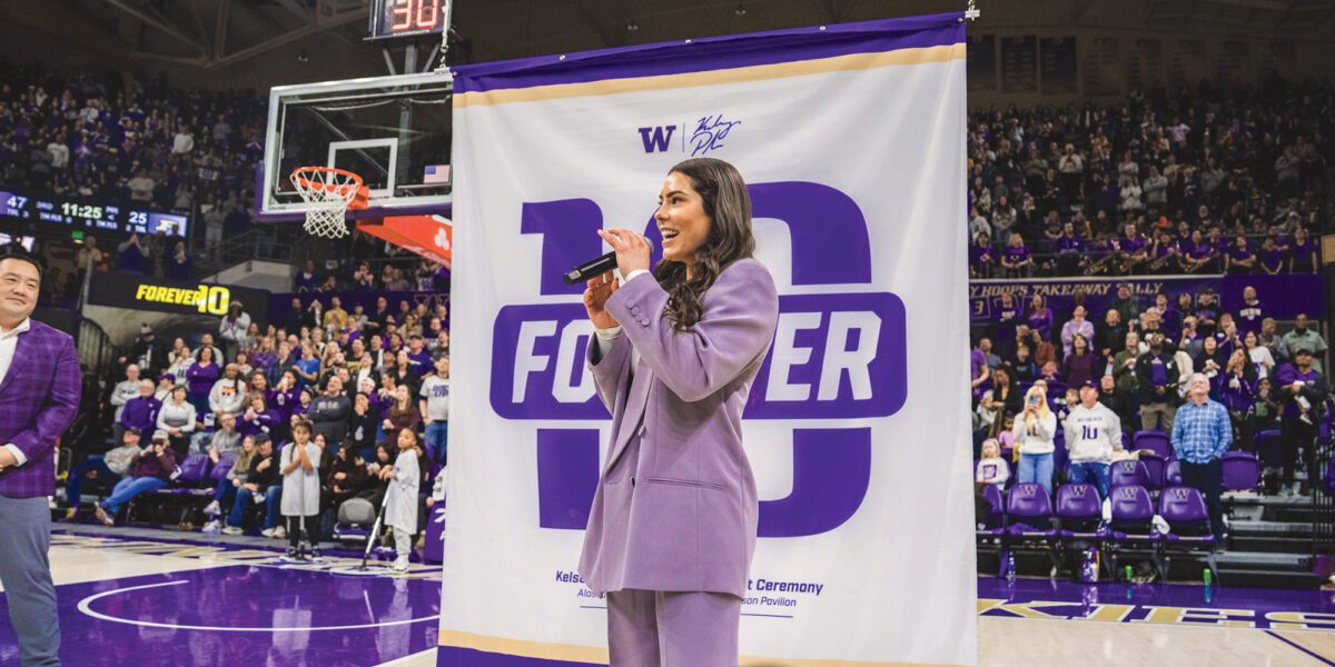 Kelsey Plum addresses crowd at jersey retirement ceremony in Hec Ed