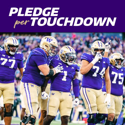 Pledge Per Touchdown logo over photo of Football student-athletes
