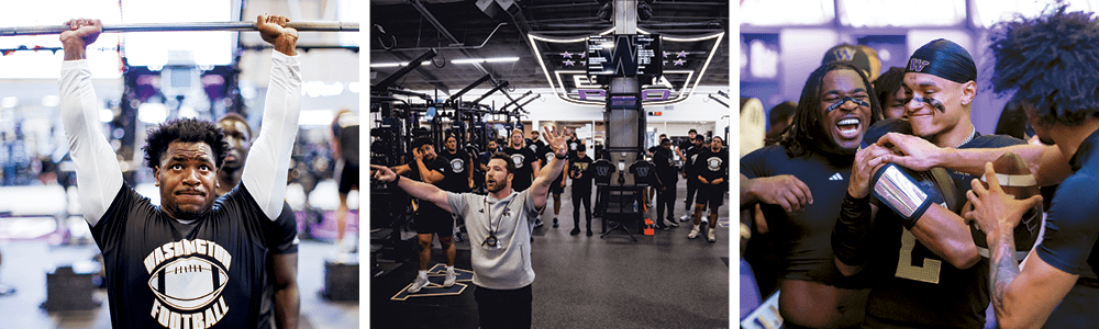 Photo collage: Jonah Coleman lifting weights, Football team weightlifting, and Jonah celebrates with Demond Williams in the locker room