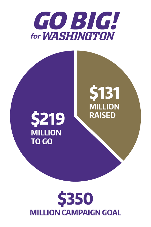 Pie chart showing $131 million raised of $350 million campaign goal, with a $219 million to go.