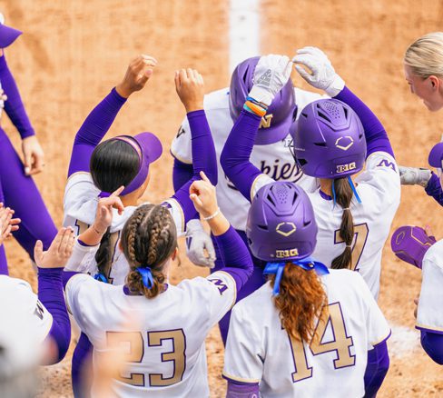 Softball team greats hitter with high-fives and cheers after hitting a home run.