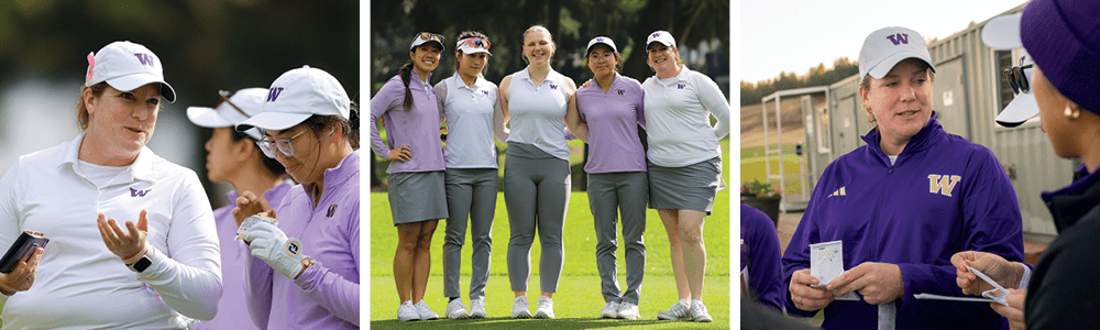 Photo collage of Coach Temple with Women's Golf student-athletes