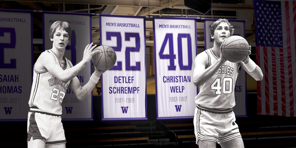 Cutout photos of Detlef and Christian over their UW jerseys hanging in the rafters of Alaska Airlines Arena